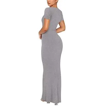 REORIA Women's Summer Sexy Casual Lounge Long Dress Elegant Wedding Guest Short Sleeve Crew Neck Bodycon Maxi Dresses Light Grey Medium