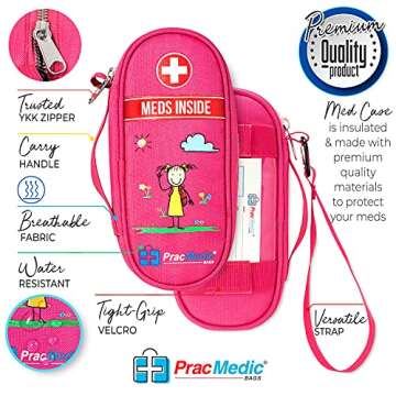 PracMedic Bags Epipen Carry Case Kids- Insulated, holds 2 Epi Pens or Auvi Q, Antihistamine. Inhaler, Nasal Spray, Eye Drops, Allergy Medicine- Medical Carrying Case for Emergencies (Pink)