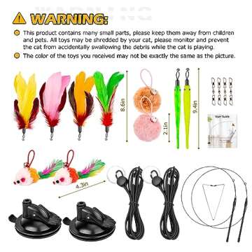 HOSFROLL Cat Toys, 2 Pack 3 in 1 Interactive Cat Toy for Indoor Cats with Sticky Super Suction Cup Detachable 10 Pcs Replacements Feathers Balls Mice 2 Wand Hanging Door Kitten Toys