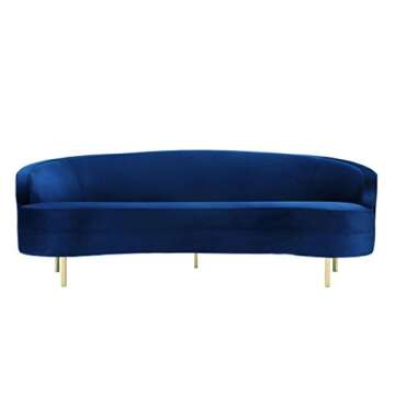 TOV Furniture The Baila Collection Modern Style Living Room Velvet Upholstery Curved Sofa with Stainless Steel Legs, Navy