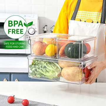 Plexel Refrigerator Organizer Bins, Fridge Organizer, Clear Plastic Food Storage Containers, Contenedores Para Organizar Cocina, Pantry Organization And Storage, with Removable Drain Tray. (3)