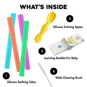 Flexible Hollow Teething Tubes for Babies and Infants 0-12 Months Old - 7.1 Inches Soft, Food Grade Silicone Stick Shape Baby Molar Teether Straw Toy - Bonus Training Spoon and Cleaning Brush