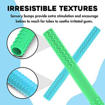 Flexible Hollow Teething Tubes for Babies and Infants 0-12 Months Old - 7.1 Inches Soft, Food Grade Silicone Stick Shape Baby Molar Teether Straw Toy - Bonus Training Spoon and Cleaning Brush