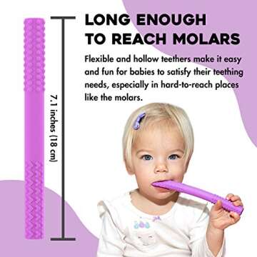 Flexible Hollow Teething Tubes for Babies and Infants 0-12 Months Old - 7.1 Inches Soft, Food Grade Silicone Stick Shape Baby Molar Teether Straw Toy - Bonus Training Spoon and Cleaning Brush