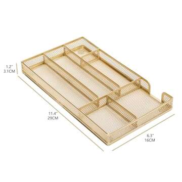 Annova Desk Drawer Organizer Tray for Office Organization - Metal Mesh - Storage Tray with Dividers for Pens, Desktop Accessories, Bathroom, Kitchen, Makeup and Office Supplies (Small, Gold)