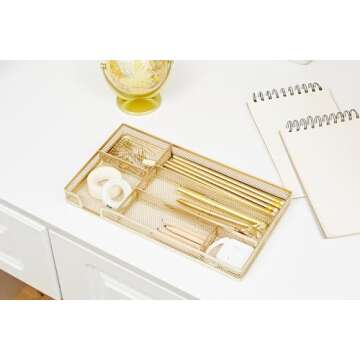 Annova Desk Drawer Organizer Tray for Office Organization - Metal Mesh - Storage Tray with Dividers for Pens, Desktop Accessories, Bathroom, Kitchen, Makeup and Office Supplies (Small, Gold)