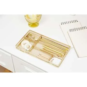 Annova Desk Drawer Organizer Tray for Office Organization - Metal Mesh - Storage Tray with Dividers for Pens, Desktop Accessories, Bathroom, Kitchen, Makeup and Office Supplies (Small, Gold)