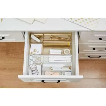 Annova Desk Drawer Organizer Tray for Office Organization - Metal Mesh - Storage Tray with Dividers for Pens, Desktop Accessories, Bathroom, Kitchen, Makeup and Office Supplies (Small, Gold)