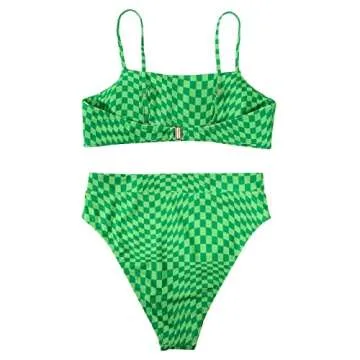 MOSHENGQI Women High Waisted High Cut Bikini Push Up Bandeau Swimsuits (L, Neon Green Gingham)