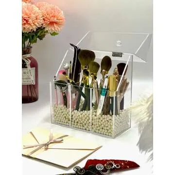 VASERDDY Acrylic Makeup Organizer,Clear Cosmetic Brush Storage Box With 3 Brush Holders,with Dust Co...