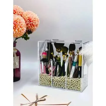 VASERDDY Acrylic Makeup Organizer,Clear Cosmetic Brush Storage Box With 3 Brush Holders,with Dust Cover, Large-capacity Split Design can Quickly Organize the Desktop (with3 bags of white pearls