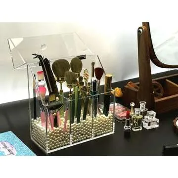 VASERDDY Acrylic Makeup Organizer,Clear Cosmetic Brush Storage Box With 3 Brush Holders,with Dust Cover, Large-capacity Split Design can Quickly Organize the Desktop (with3 bags of white pearls