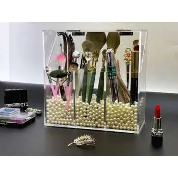 VASERDDY Acrylic Makeup Organizer,Clear Cosmetic Brush Storage Box With 3 Brush Holders,with Dust Cover, Large-capacity Split Design can Quickly Organize the Desktop (with3 bags of white pearls