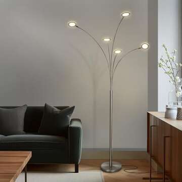 Brightech Orion Arc Floor Lamp for Living Room, Tree Floor Lamp with 5 Adjustable Arms, Multi-Head Standing Lamp with Flexible Rotating LEDs for Bedroom, Dorm - Bright Hanging Lighting - Satin Nickel