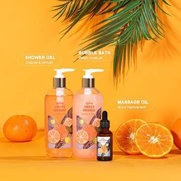 Gift Baskets for Women, Gift Set for Women-BFFLOVE Sweet Orange Spa Bath Gifts, 10 Pc Bath Spa Kit Includes Bath Salt, Massage Oil, Bubble Bath, Spa Tote Bag. Best Women Gifts for Birthday & Party