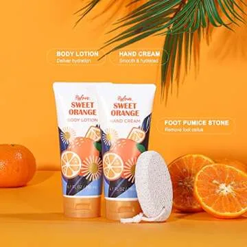 Gift Baskets for Women, Gift Set for Women-BFFLOVE Sweet Orange Spa Bath Gifts, 10 Pc Bath Spa Kit Includes Bath Salt, Massage Oil, Bubble Bath, Spa Tote Bag. Best Women Gifts for Birthday & Party