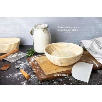 Kook Proofing Set, Sourdough Bread, 2 Rattan 9 Inch Banneton Baskets, 2 Basket Covers, Metal Scraper, Plastic Scraper, Scoring Lame, 5 Blades and Case, Baking Kit, Dough Bowls, Round Shape