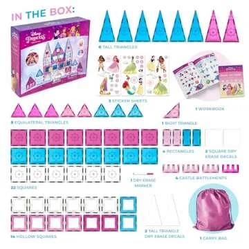 Tytan Tiles Officially Licensed Disney Princess Magnetic Tile Castle 70-Piece Building Set, Powerful STEM/STEAM Learning Workbook, Creative Engineering Play, Shape & Pattern Recognition, Ages 3 Plus