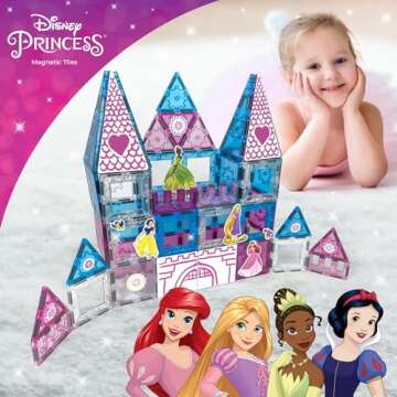 Tytan Tiles Officially Licensed Disney Princess Magnetic Tile Castle 70-Piece Building Set, Powerful STEM/STEAM Learning Workbook, Creative Engineering Play, Shape & Pattern Recognition, Ages 3 Plus