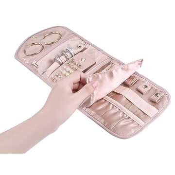 XIUQILAI Travel Jewelry Organizer Case for Women Gift, Foldable Small Jewelry Roll for Journey-Rings, Necklaces, Earrings, Bracelets, Soft Pink-Initial J
