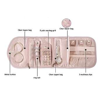 XIUQILAI Travel Jewelry Organizer Case for Women Gift, Foldable Small Jewelry Roll for Journey-Rings, Necklaces, Earrings, Bracelets, Soft Pink-Initial J