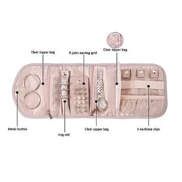 XIUQILAI Travel Jewelry Organizer Case for Women Gift, Foldable Small Jewelry Roll for Journey-Rings, Necklaces, Earrings, Bracelets, Soft Pink-Initial J