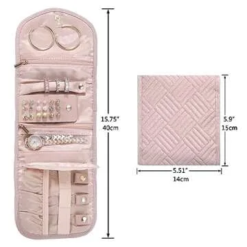 XIUQILAI Travel Jewelry Organizer Case for Women Gift, Foldable Small Jewelry Roll for Journey-Rings, Necklaces, Earrings, Bracelets, Soft Pink-Initial J