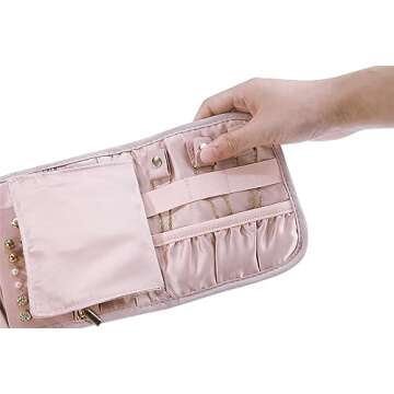 XIUQILAI Travel Jewelry Organizer Case for Women Gift, Foldable Small Jewelry Roll for Journey-Rings, Necklaces, Earrings, Bracelets, Soft Pink-Initial J