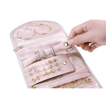 XIUQILAI Travel Jewelry Organizer Case for Women Gift, Foldable Small Jewelry Roll for Journey-Rings, Necklaces, Earrings, Bracelets, Soft Pink-Initial J