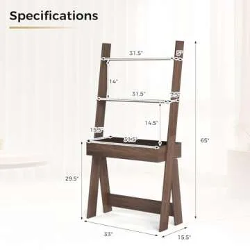 Tangkula Ladder Desk with Countertop & Drawer, Home Office Computer Laptop Table with Open Shelves & Anti-Tip Kits, Wall-Leaning Compact Working Station for Small Spaces (Walnut)