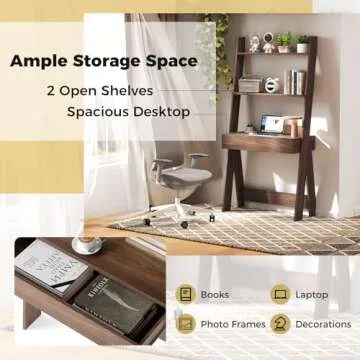 Tangkula Ladder Desk with Countertop & Drawer, Home Office Computer Laptop Table with Open Shelves & Anti-Tip Kits, Wall-Leaning Compact Working Station for Small Spaces (Walnut)