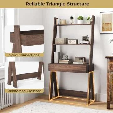 Tangkula Ladder Desk with Countertop & Drawer, Home Office Computer Laptop Table with Open Shelves & Anti-Tip Kits, Wall-Leaning Compact Working Station for Small Spaces (Walnut)