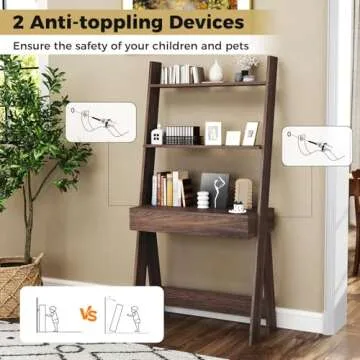 Tangkula Ladder Desk with Countertop & Drawer, Home Office Computer Laptop Table with Open Shelves & Anti-Tip Kits, Wall-Leaning Compact Working Station for Small Spaces (Walnut)