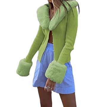 Chic Women’s Fluffy Cropped Cardigan with Fur Trim