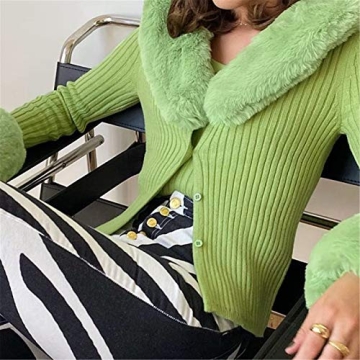 Chic Women’s Fluffy Cropped Cardigan with Fur Trim