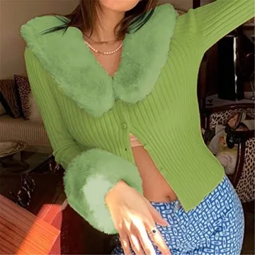 Chic Women’s Fluffy Cropped Cardigan with Fur Trim