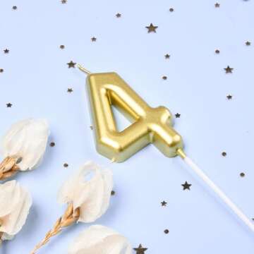 PHD CAKE Elegant 2.76 inch Gold Number 4 Birthday Candle for Celebrations