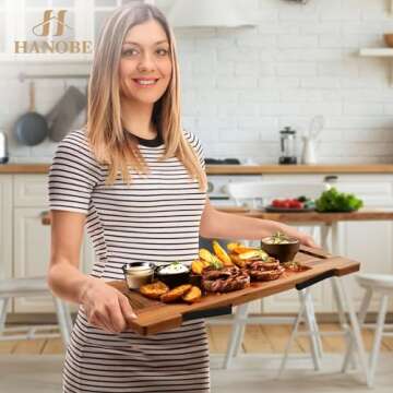 Hanobe Charcuterie Cheese Board Large: Long Acacia Serving Wooden Riser with Handles Folding Appetiz...