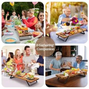 Hanobe Charcuterie Cheese Board Large: Long Acacia Serving Wooden Riser with Handles Folding Appetizer Boards Raised Wood Plank for Parties Buffet Food Display and Farmhouse Counter Decor