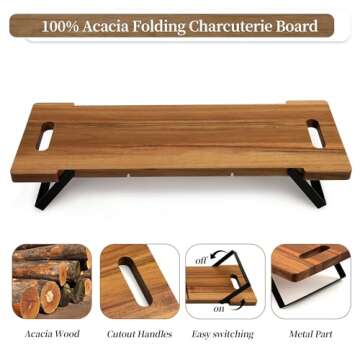 Hanobe Charcuterie Cheese Board Large: Long Acacia Serving Wooden Riser with Handles Folding Appetizer Boards Raised Wood Plank for Parties Buffet Food Display and Farmhouse Counter Decor