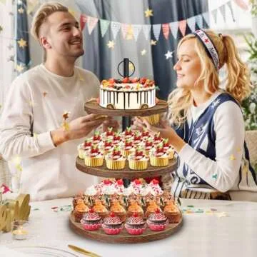 Cupcake Stand, 3 Tier Large Cupcake Stand,Round Cupcake Stand for 50 Cupcakes,Rustic Dessert Table Display Set Wood Cupcake Tower Cake Stand Tiered Tray Stand for Wedding Birthday Baby Shower 2 Pack