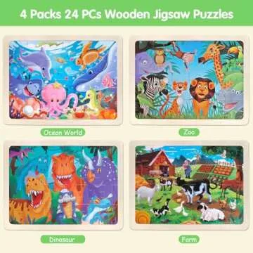 Jigsaw Puzzles Wooden Puzzles for Kids Ages 3-5 Preschool Educational Brain Teaser Boards Toddlers Toys Dinosaur Farm Zoo Sea World Gifts for 3 4 5 6 Year Old Boys Girls 4 Packs 24 Pcs