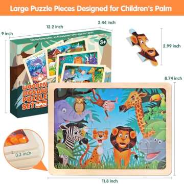 Jigsaw Puzzles Wooden Puzzles for Kids Ages 3-5 Preschool Educational Brain Teaser Boards Toddlers Toys Dinosaur Farm Zoo Sea World Gifts for 3 4 5 6 Year Old Boys Girls 4 Packs 24 Pcs