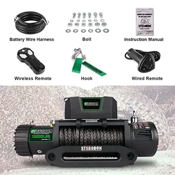 STEGODON Winch 13000 lb Winch 12V Electric Winch Synthetic Rope Winch Rough Country Winch with Hawse Fairlead,Wired Handle and Corded Control for Jeep Truck SUV