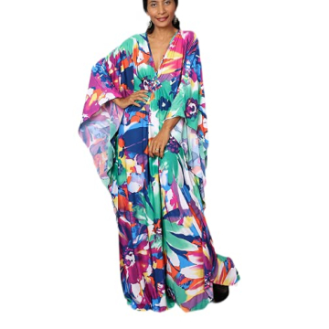70s outfits for women swimsuit Cover ups Women's purple green flower caftan Silk Wrinkle Ethnic Prin...