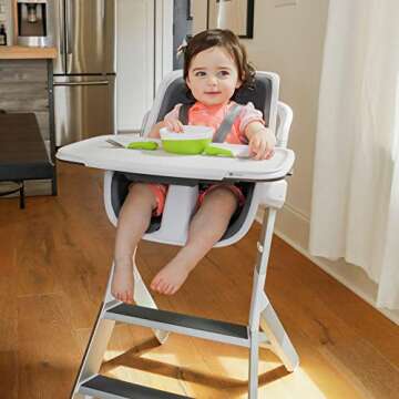 4moms high chair, For Baby, Infant, and Toddler, Magnetic, One-Handed Tray Attachment, from The Makers of The mamaRoo, White/Grey