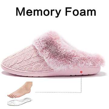 Genorum Women's Fuzzy Faux Fur House Slippers Fluffy Knitted Bedroom Slippers for Women Memory Foam Shoes Anti-Skid Sole