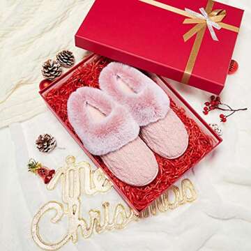 Genorum Women's Fuzzy Faux Fur House Slippers Fluffy Knitted Bedroom Slippers for Women Memory Foam Shoes Anti-Skid Sole