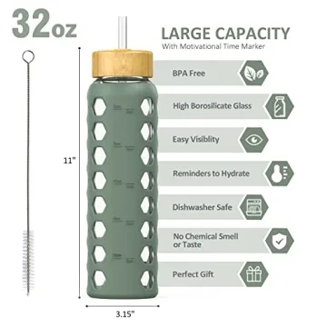 MUKOKO 32oz Glass Water Bottles with Dual Lids