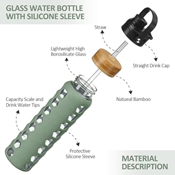 MUKOKO 32oz Glass Water Bottles with Dual Lids